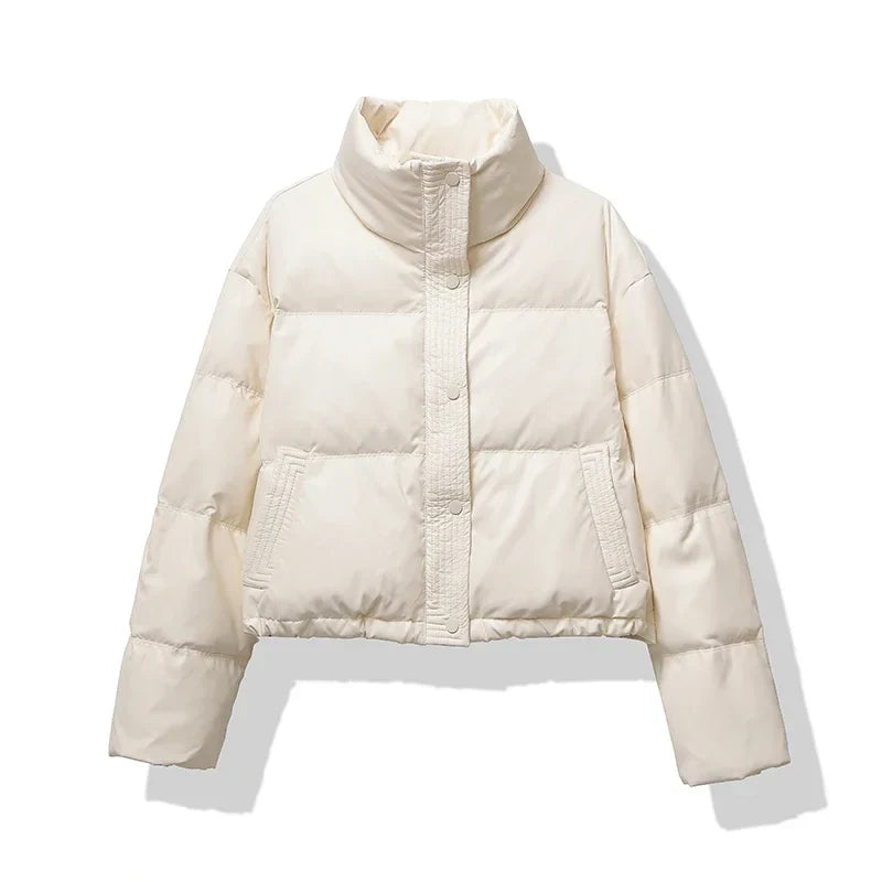 Women's Puffer Jacket with Mock Neck and Short Quilted Design