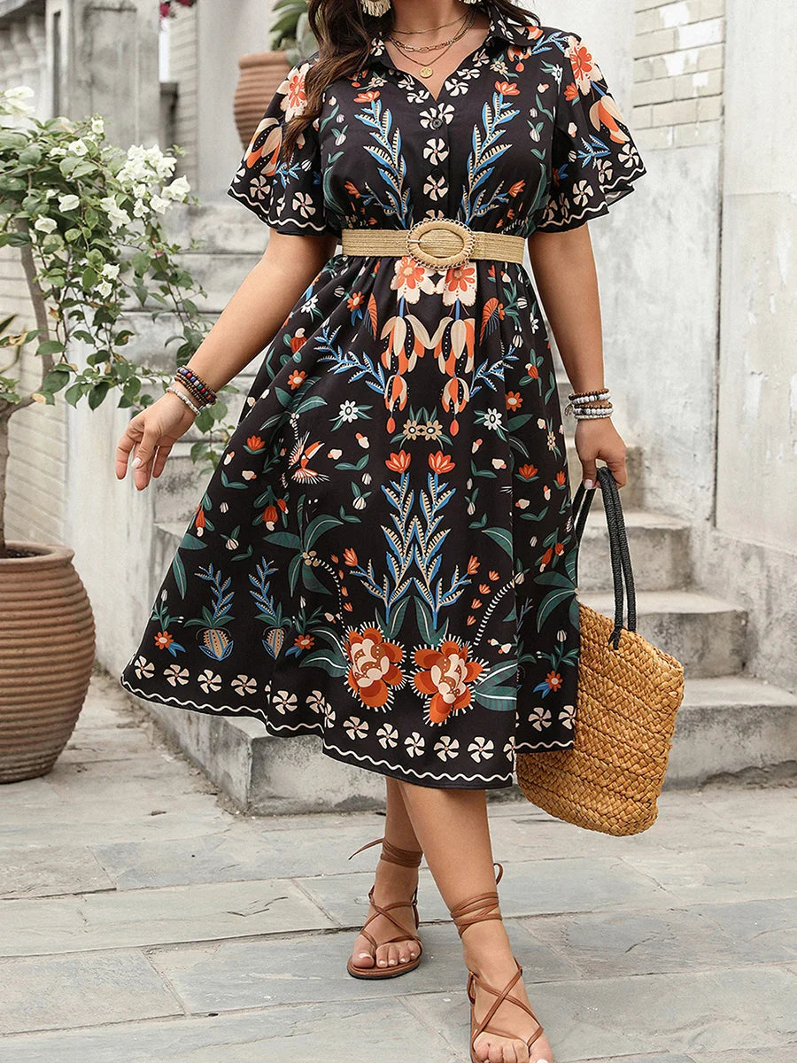 Women's Plus Size V-Neck Maxi Dress with Floral Boho Print Style