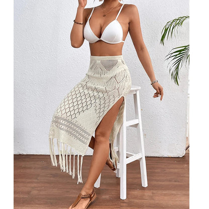 Women's Knitted High-Slit Skirt with Tassels Bikini Cover Up