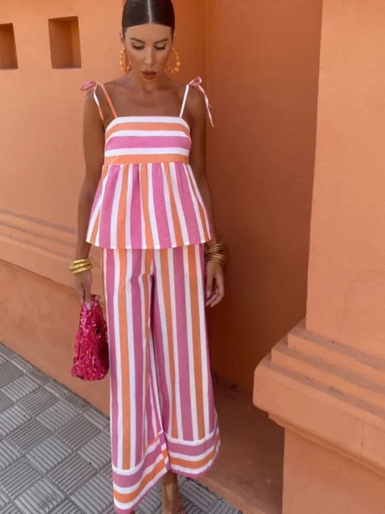 Women's Striped Two-Piece Set with Tie-Strap Top and Wide Pants