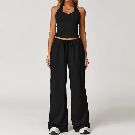 Women’s Two-Piece Lounge Set with Racerback Crop Top and Wide-Leg Pants