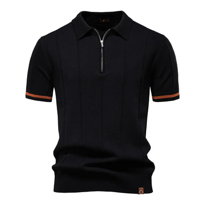 Men's Short-Sleeve Zip Polo Shirt with Contrast Trim and Slim Fit