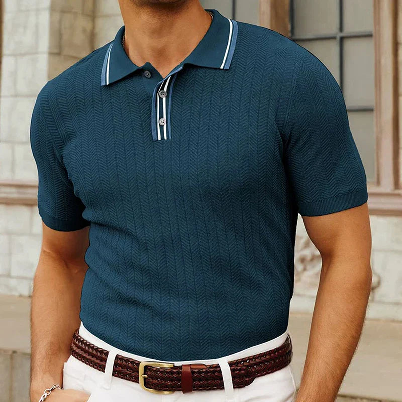 Men's Slim Fit Knitted Polo Shirt with Striped Collar and Button Placket
