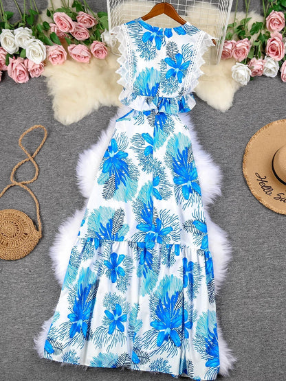 Women's Sleeveless Maxi Dress with Floral Print and Tiered Skirt