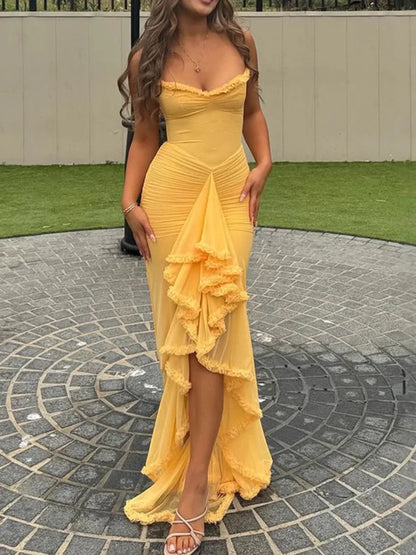 Women's Ruffle Bodycon Wedding Guest Maxi Dress with High-Low Hem