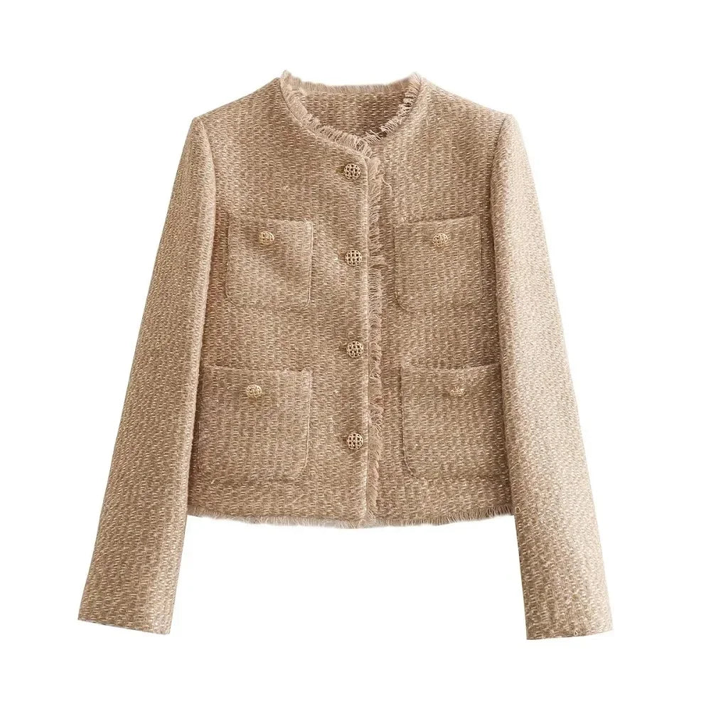 Women's Cropped Tweed Jacket with Long Sleeves and Elegant Short Coat Style