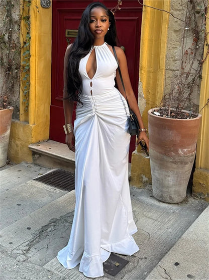 Women's Halter Maxi Dress with Cutout Front and Ruched Detail