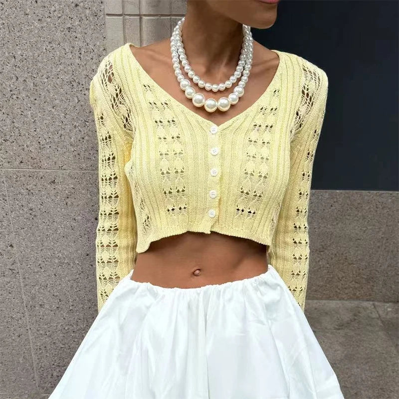 Women's Crochet Knit Long Sleeve Cardigan with V Neck and Button Front