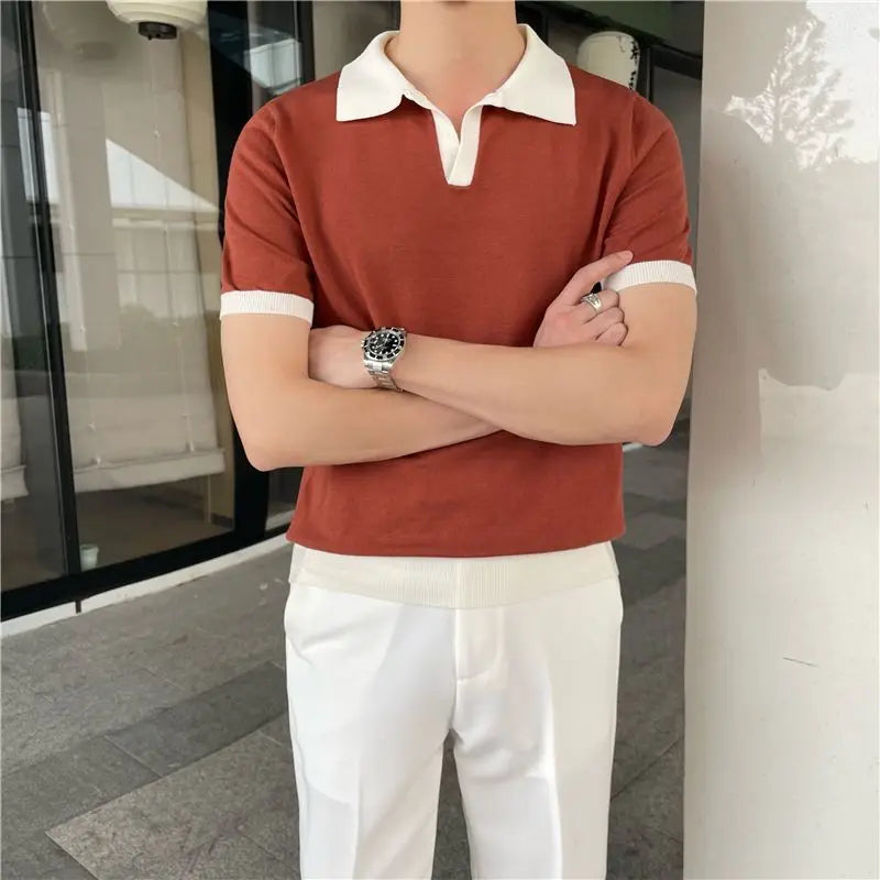 Men's Short Sleeve Polo Shirt with Contrast Collar and Ribbed Hem