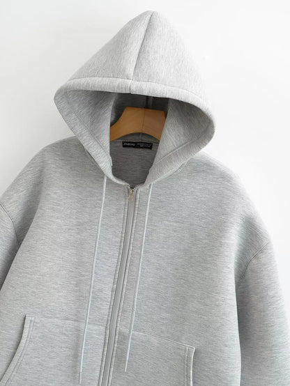 Women's Oversized Zip-Up Hoodie with Drawstring Hood and Pockets