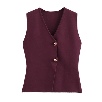 Women's Button-Front Knitted Vest Top with Sleeveless Design