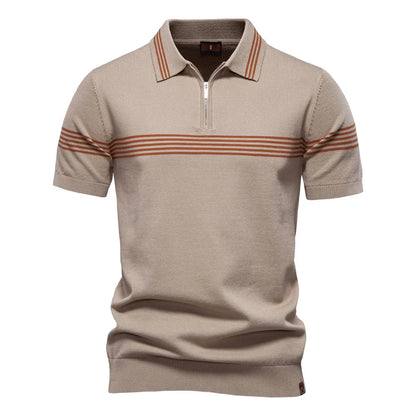 Men's Short-Sleeve Zip Polo Shirt with Chest Stripe and Slim Fit