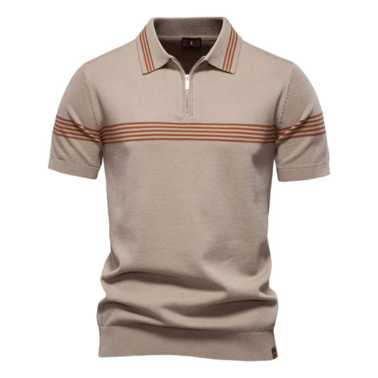 Men's Short-Sleeve Zip Polo Shirt with Chest Stripe and Slim Fit