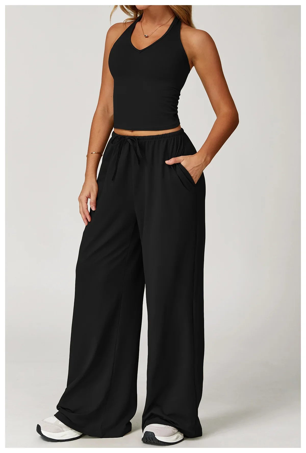 Women’s Two-Piece Lounge Set with Racerback Crop Top and Wide-Leg Pants