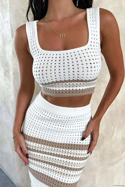 Women's Knitted Two-Piece Set with Sleeveless Crop Top and Skirt