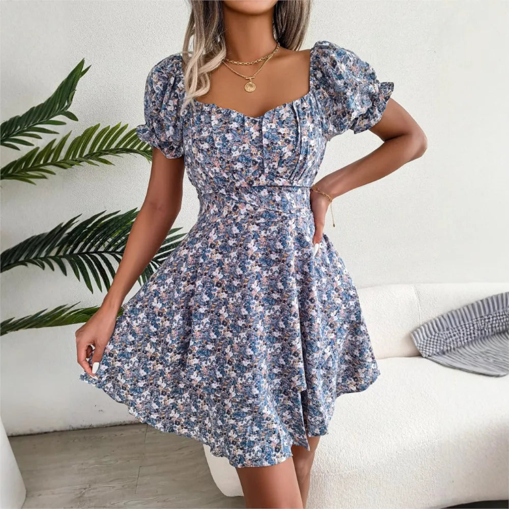 Women’s Floral Short Sleeve Mini Dress with Lace-Up Waist and Flowy Fit