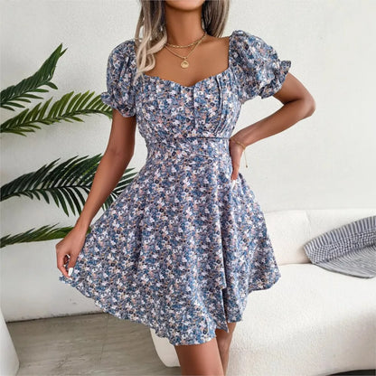 Women’s Floral Short Sleeve Mini Dress with Lace-Up Waist and Flowy Fit