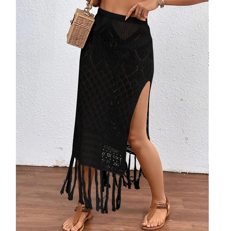 Women's Knitted High-Slit Skirt with Tassels Bikini Cover Up