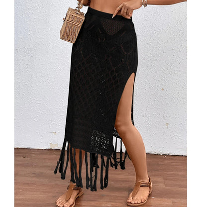 Women's Knitted High-Slit Skirt with Tassels Bikini Cover Up