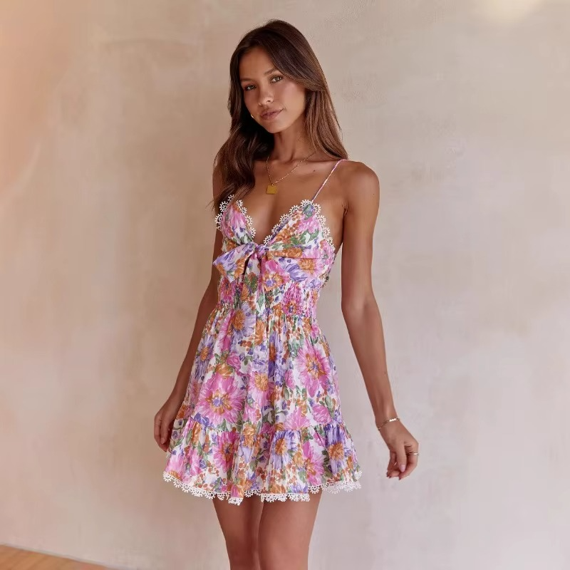 Women's A-Line Mini Dress with Floral Print and Spaghetti Straps