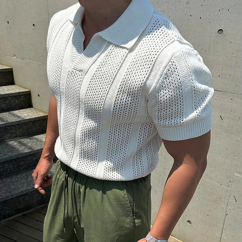 Men's Knitted Mesh Short Sleeve Polo Shirt with Vintage Lapel Design