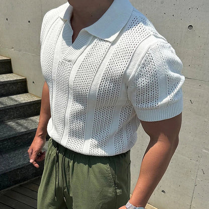 Men's Knitted Mesh Short Sleeve Polo Shirt with Vintage Lapel Design