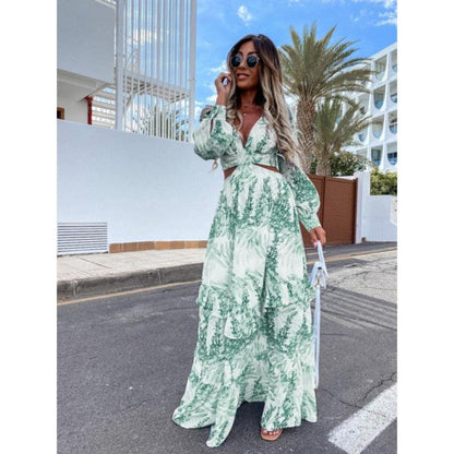 Women's Boho-Inspired Floral Maxi Dress with Cut-Out Design