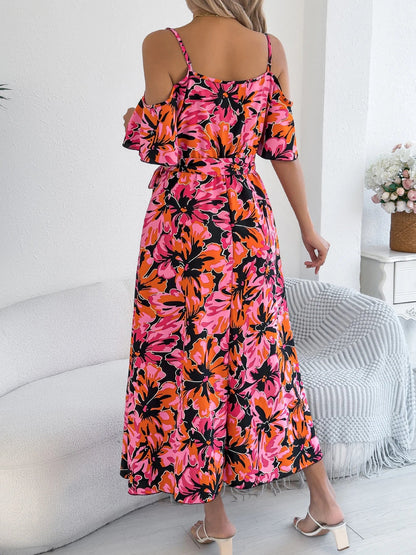 Women's Off-Shoulder Floral Wrap Maxi Dress with Belt and Side Slit
