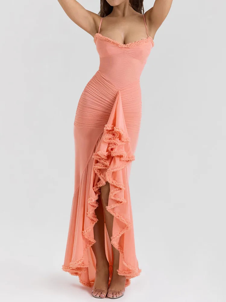 Women's Ruffle Bodycon Wedding Guest Maxi Dress with High-Low Hem