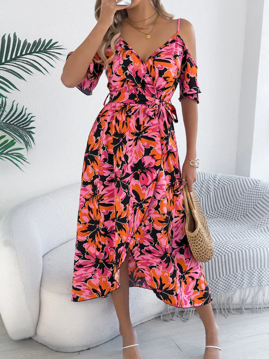 Women's Off-Shoulder Floral Wrap Maxi Dress with Belt and Side Slit