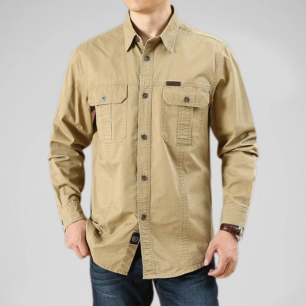 Men's Long-Sleeve Button-Front Shirt with Point Collar Design
