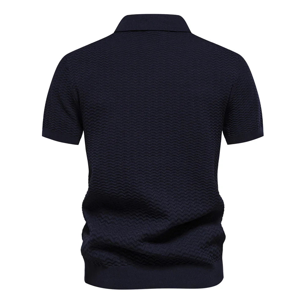 Men's Short-Sleeve Knit Polo Shirt with Striped Chest and Zip Neck