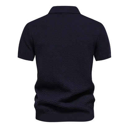 Men's Short-Sleeve Knit Polo Shirt with Striped Chest and Zip Neck