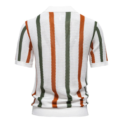 Men's Short-Sleeve Knit Polo Shirt with Vertical Stripes and V-Neck