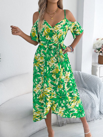 Women's Off-Shoulder Floral Wrap Maxi Dress with Belt and Side Slit