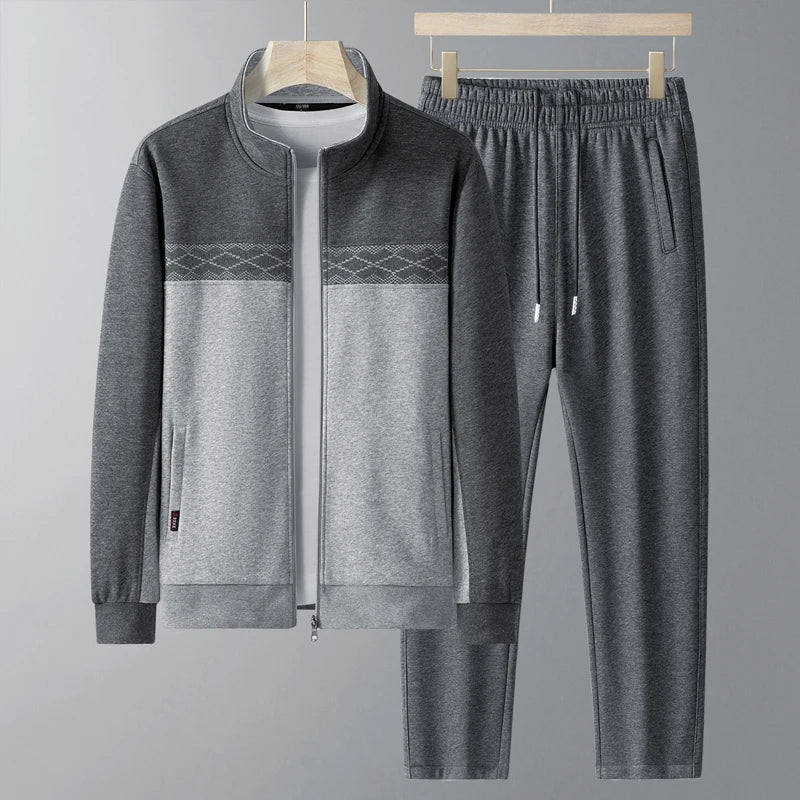 Men's Tracksuit Two Piece Set with Zip Jacket and Geometric Detail