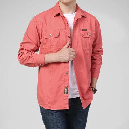 Men's Long-Sleeve Button-Front Shirt with Point Collar Design
