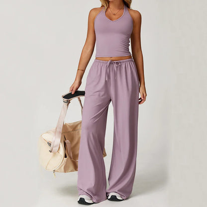 Women’s Two-Piece Lounge Set with Racerback Crop Top and Wide-Leg Pants