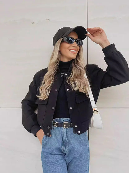 Women's Casual Bomber Jacket with Front Buttons and Flap Pockets
