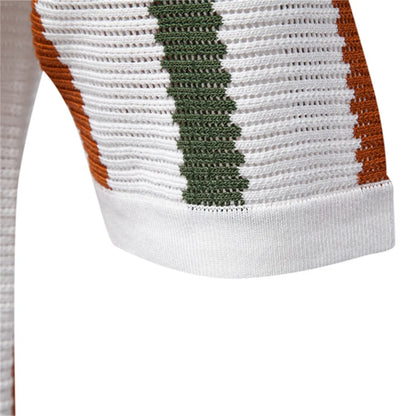 Men's Short-Sleeve Knit Polo Shirt with Vertical Stripes and V-Neck