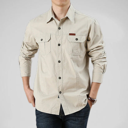 Men's Long-Sleeve Button-Front Shirt with Point Collar Design