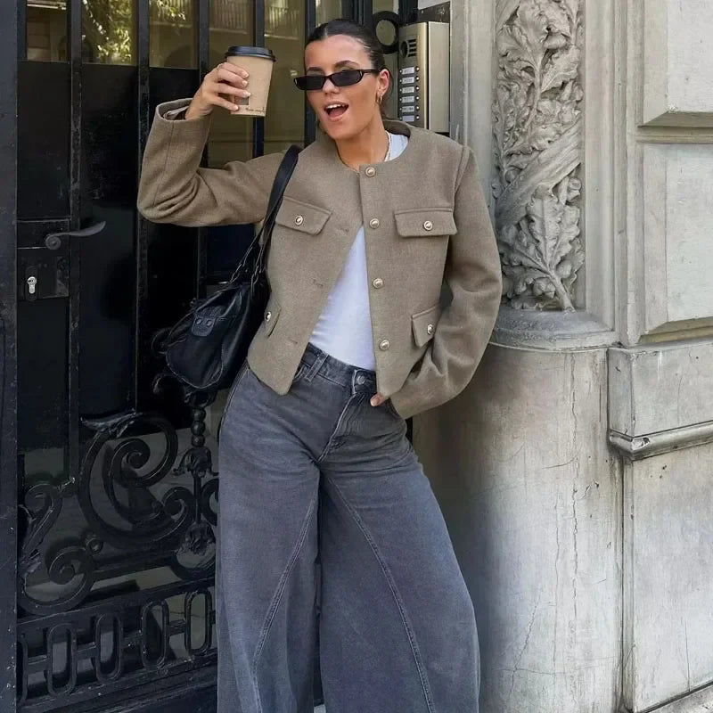 Women's Cropped Bomber Jacket with Round Neck and Long Sleeves