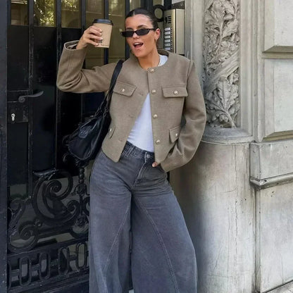 Women's Cropped Bomber Jacket with Round Neck and Long Sleeves