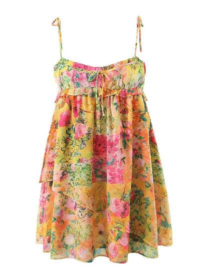 Women's Floral Mini Dress with Spaghetti Straps and Ruffle Detail