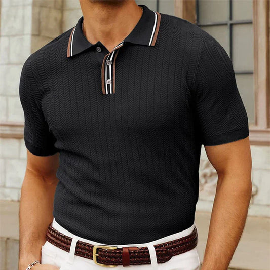 Men's Slim Fit Knitted Polo Shirt with Striped Collar and Button Placket