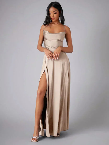 Women's Spaghetti Strap Evening Maxi Dress with High Slit