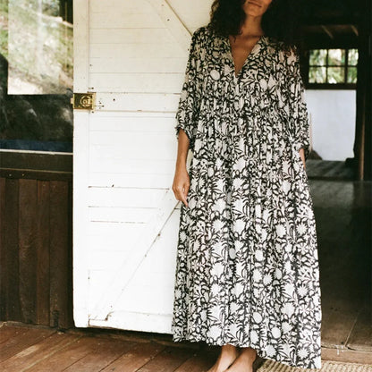 Women's Floral Maxi Dress with V Neck 3/4 Loose Lantern Sleeves