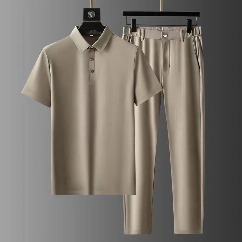 Men's Short-Sleeve Polo Shirt and Pants Two-Piece Set with Tailored Fit