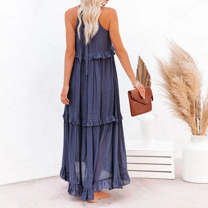 Women's Halterneck Maxi Dress with Ruffle Layers and Side Pockets