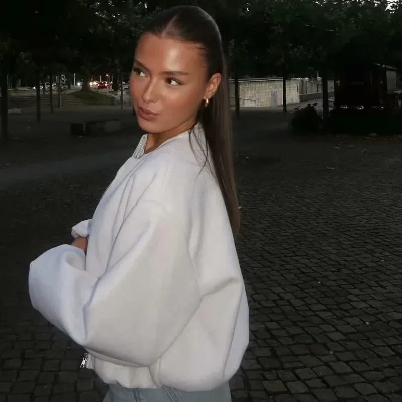 Women's Cropped Bomber Jacket with Long Sleeves and Zip Front